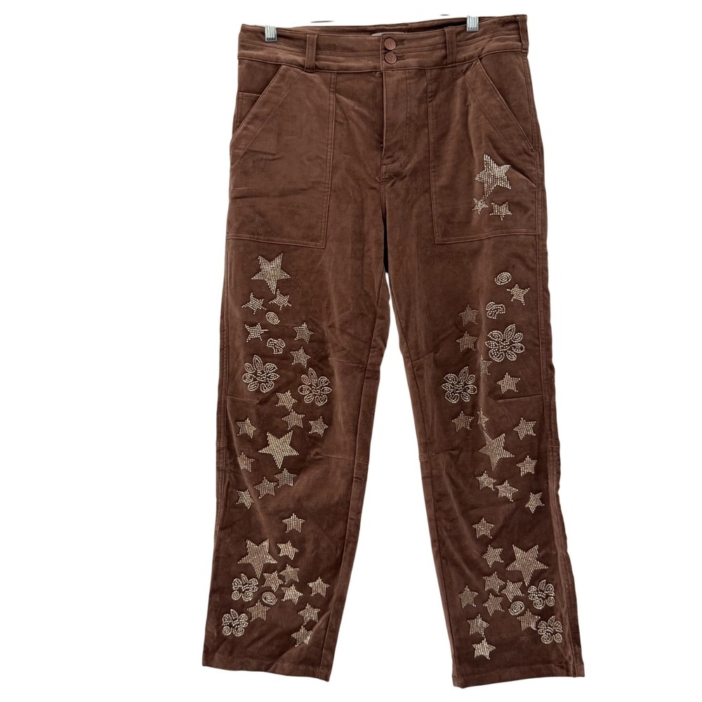 Anthropologie Pilcro The Wanderer Relaxed Pants 28 Beaded Star Applique Brown